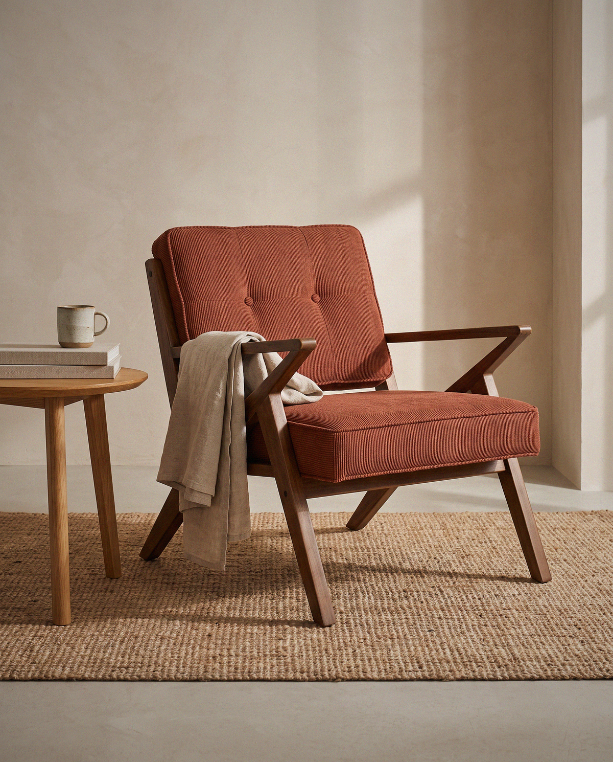 Tufted Upholstered Lounge Chair styled in a calm minimalist living space