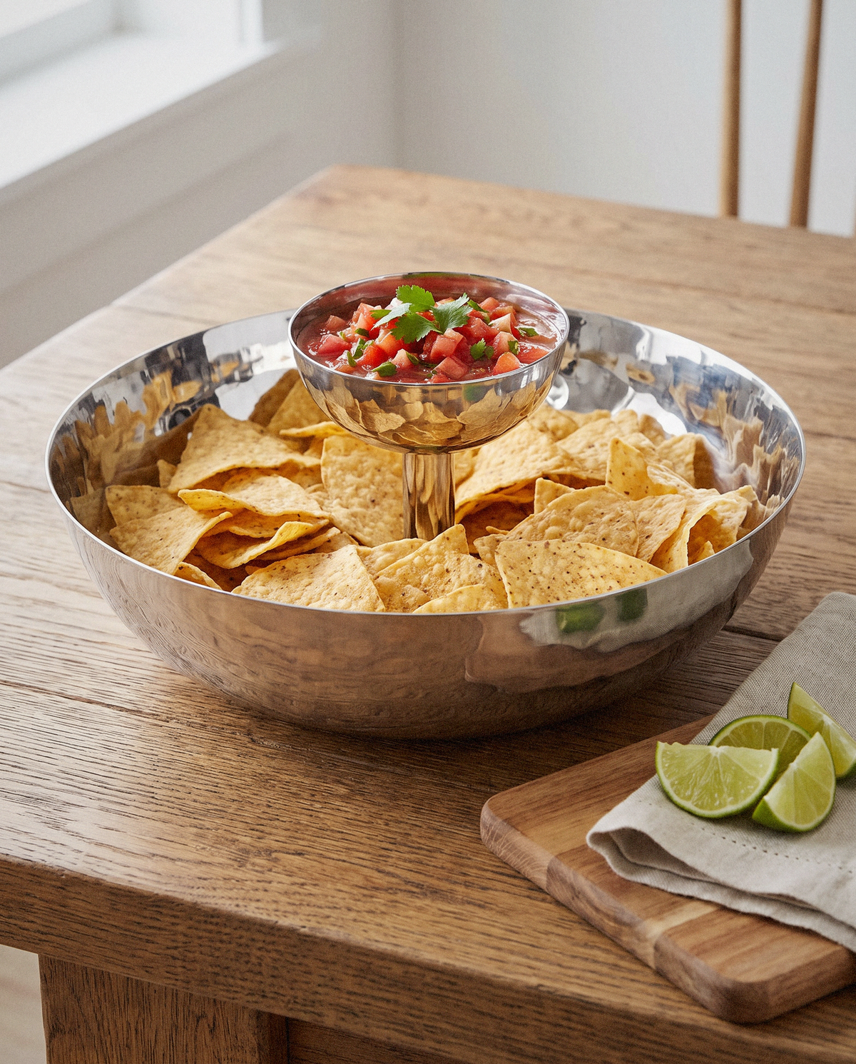 Hammered Chip & Dip Bowl styled in a calm minimalist living space