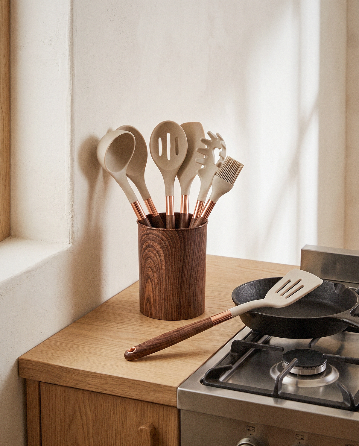 Wooden Handle Kitchen Tool Set, 10 Piece styled in a calm minimalist living space