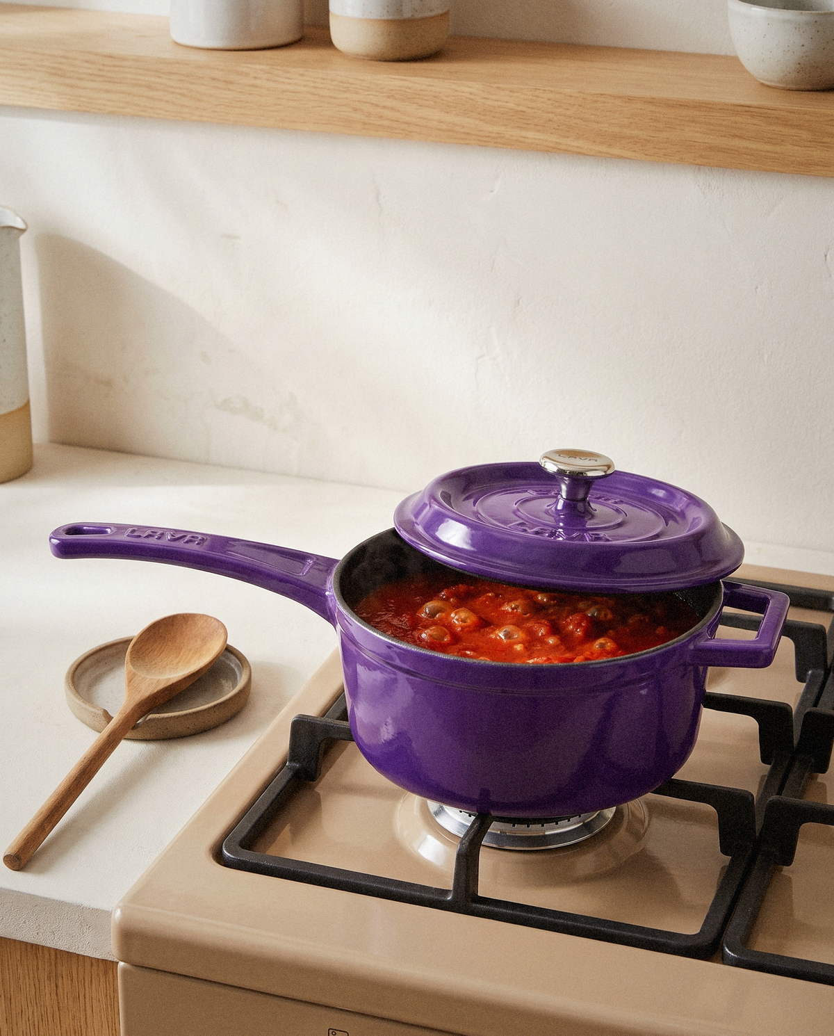 Lava Mor Cast Iron Sauce Pan styled in a calm minimalist living space