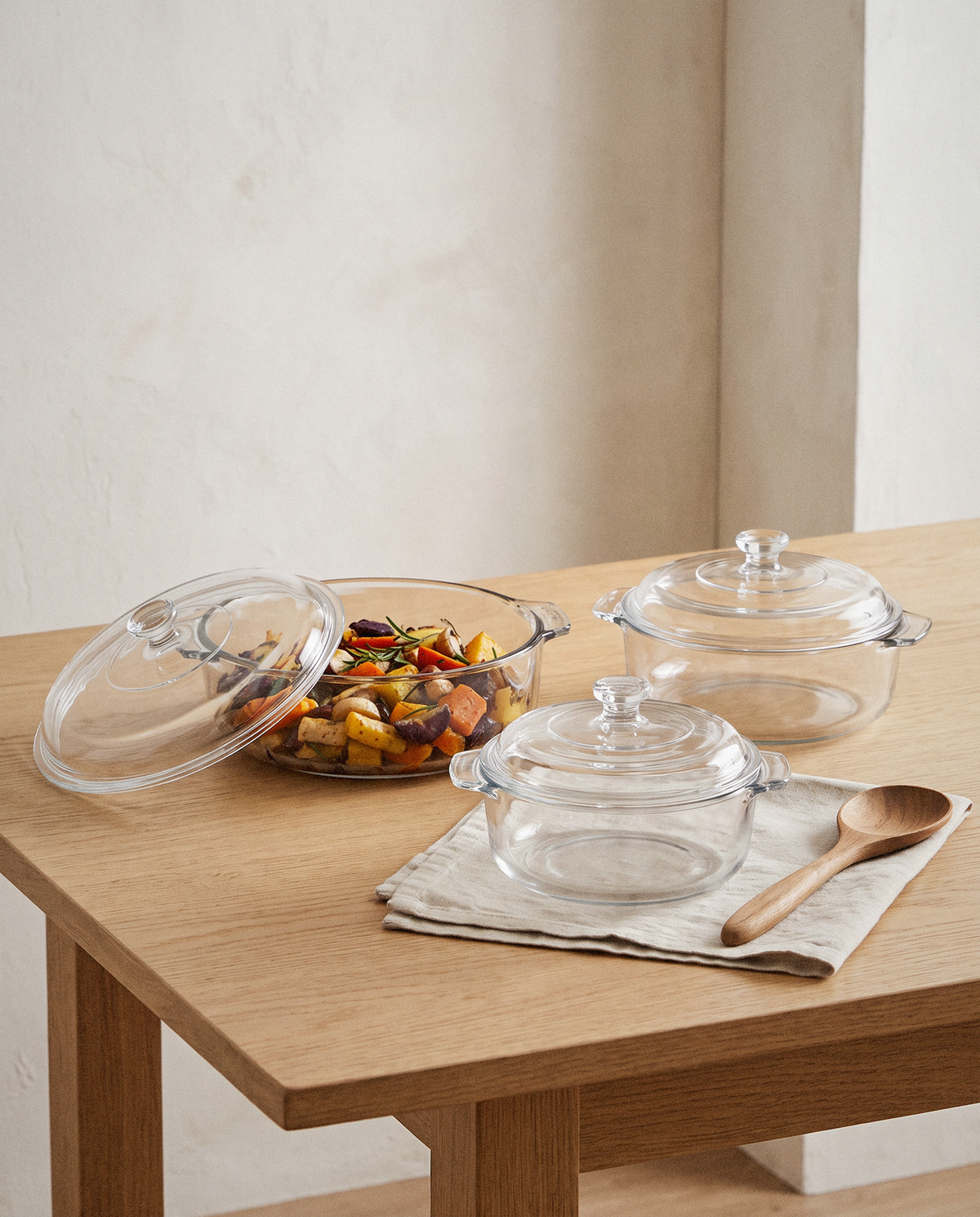 Glass Casserole Set with Lids, 6 Piece styled in a calm minimalist living space
