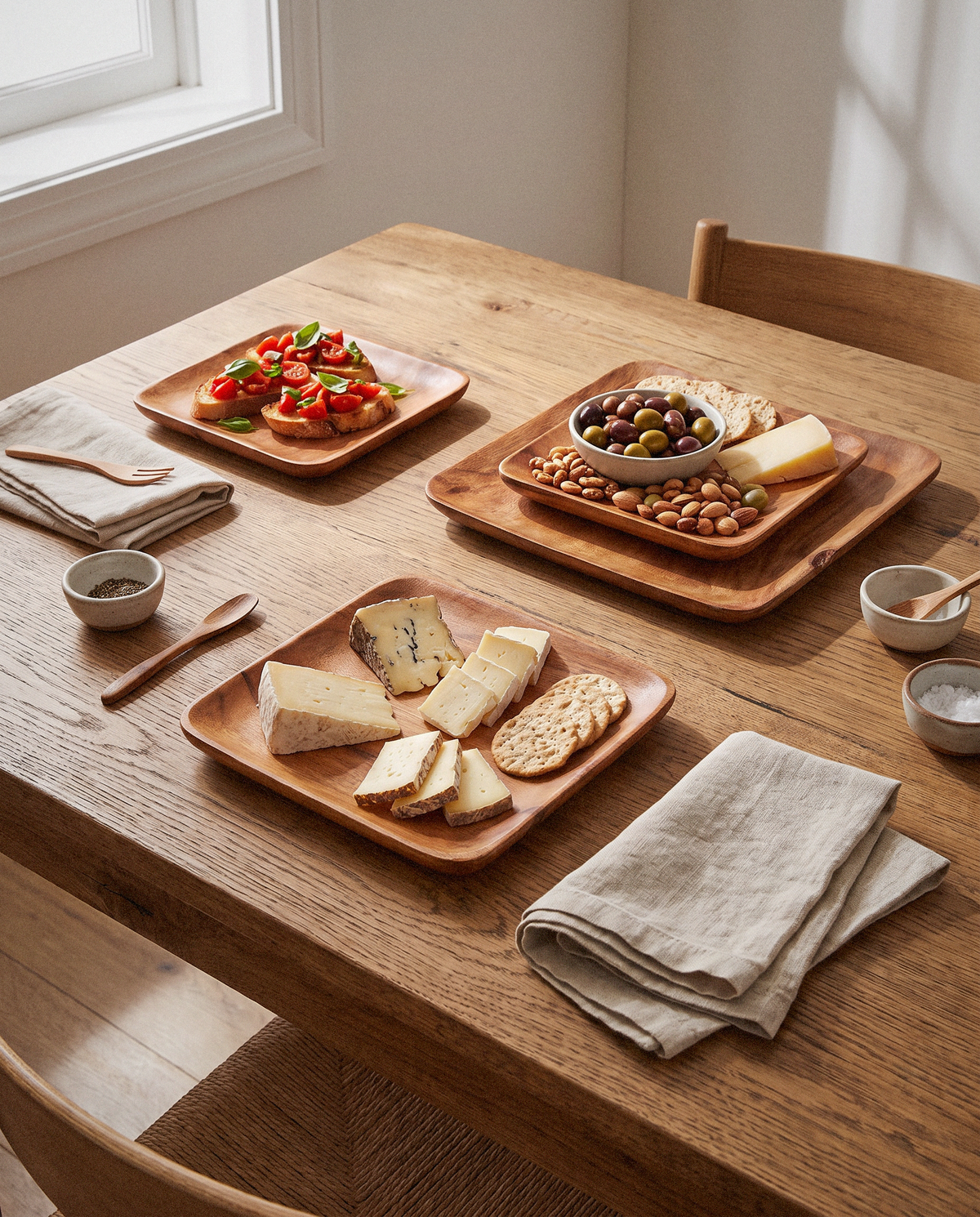 Acacia Square Plates styled in a calm minimalist living space