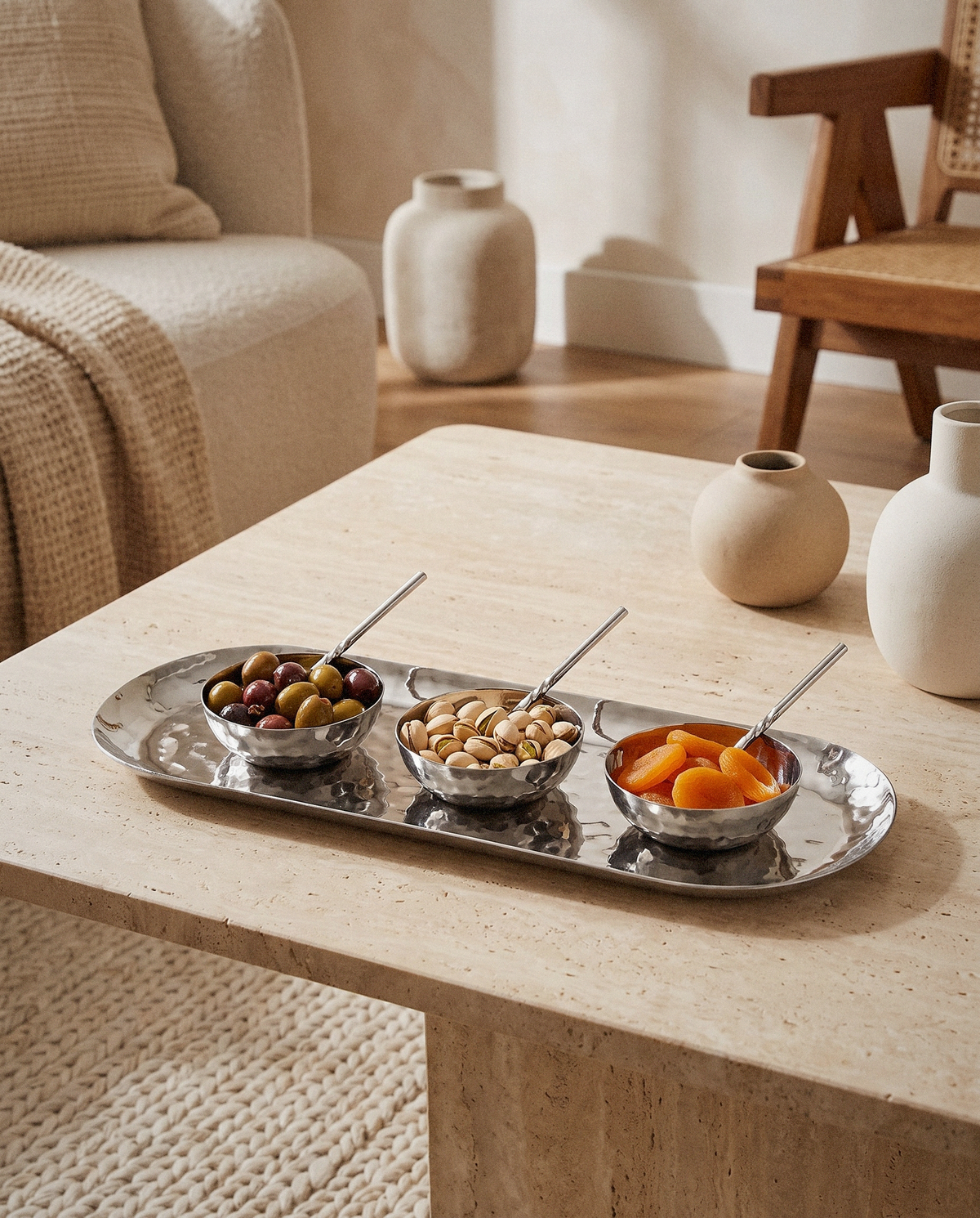 Hammered Condiment Set, 7 Piece styled in a calm minimalist living space