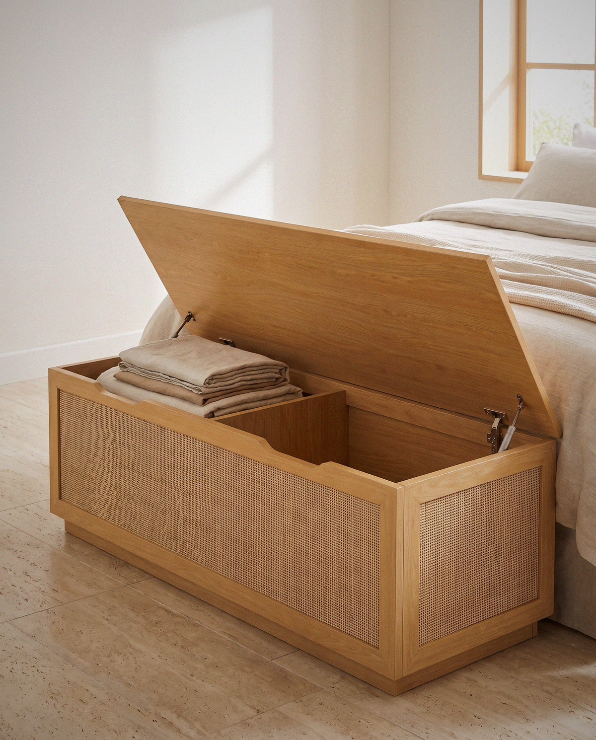 Soma Rattan Storage Bench detail in warm natural light