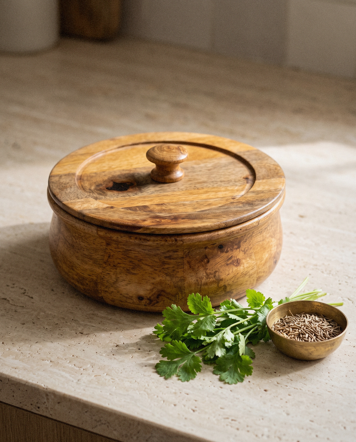 Mango Wood Bread Box styled in a calm minimalist living space