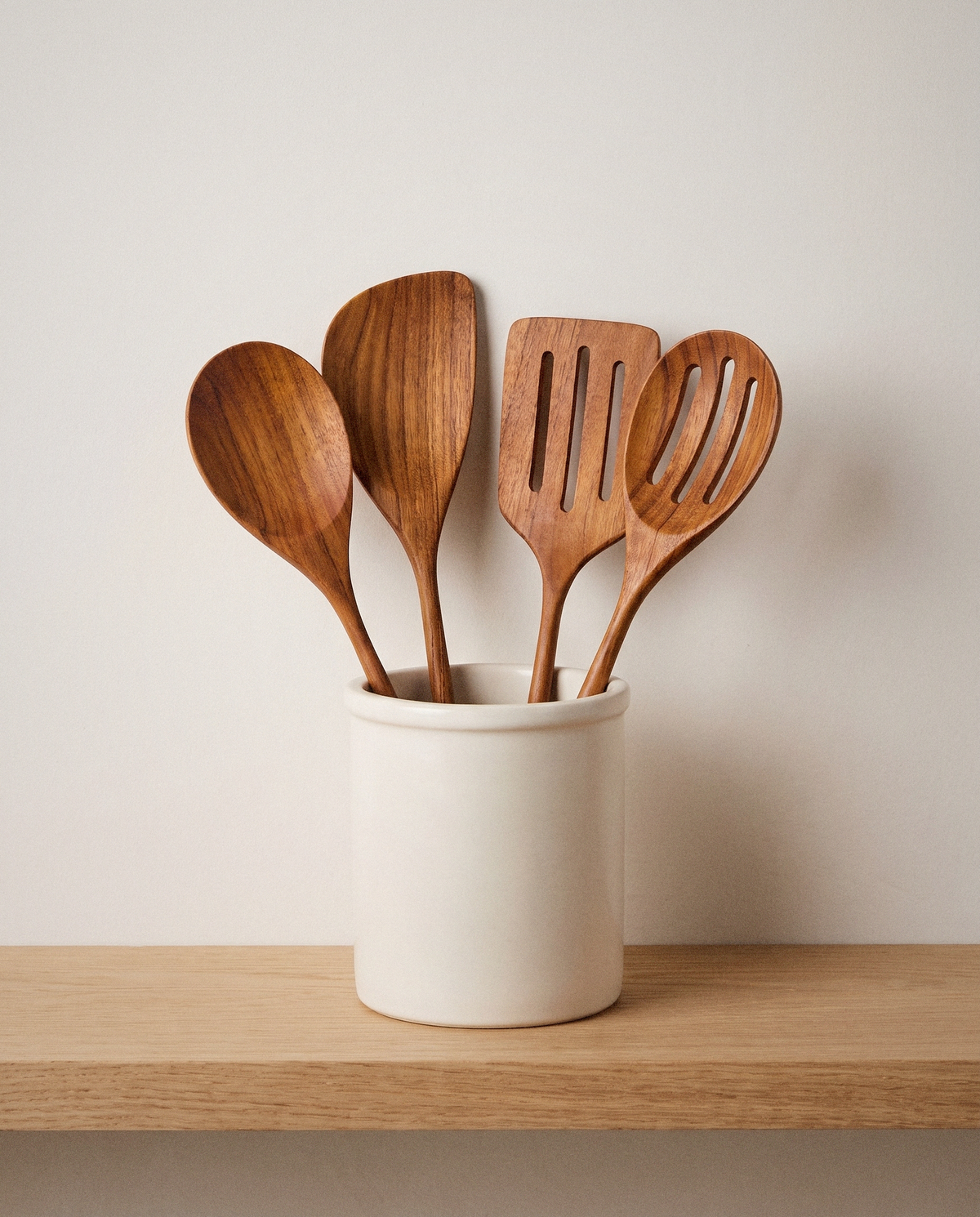 Padma Teak Mini Utensils, Set of 4 styled in a calm minimalist living space