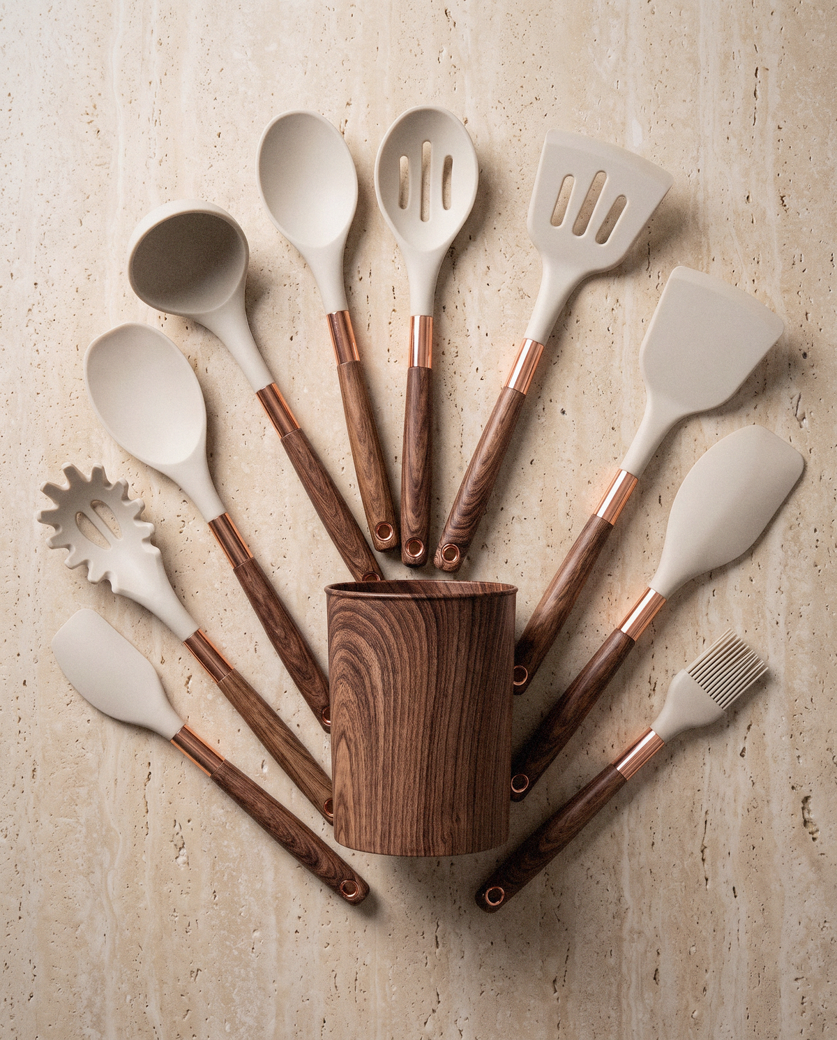 Wooden Handle Kitchen Tool Set, 10 Piece detail in warm natural light
