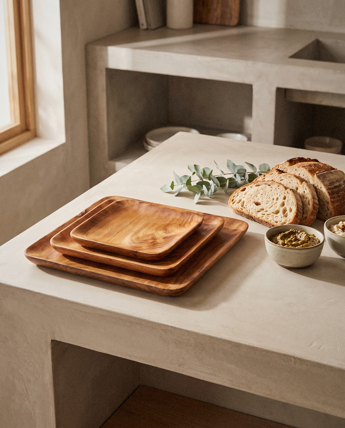 Acacia Square Plates detail in warm natural light