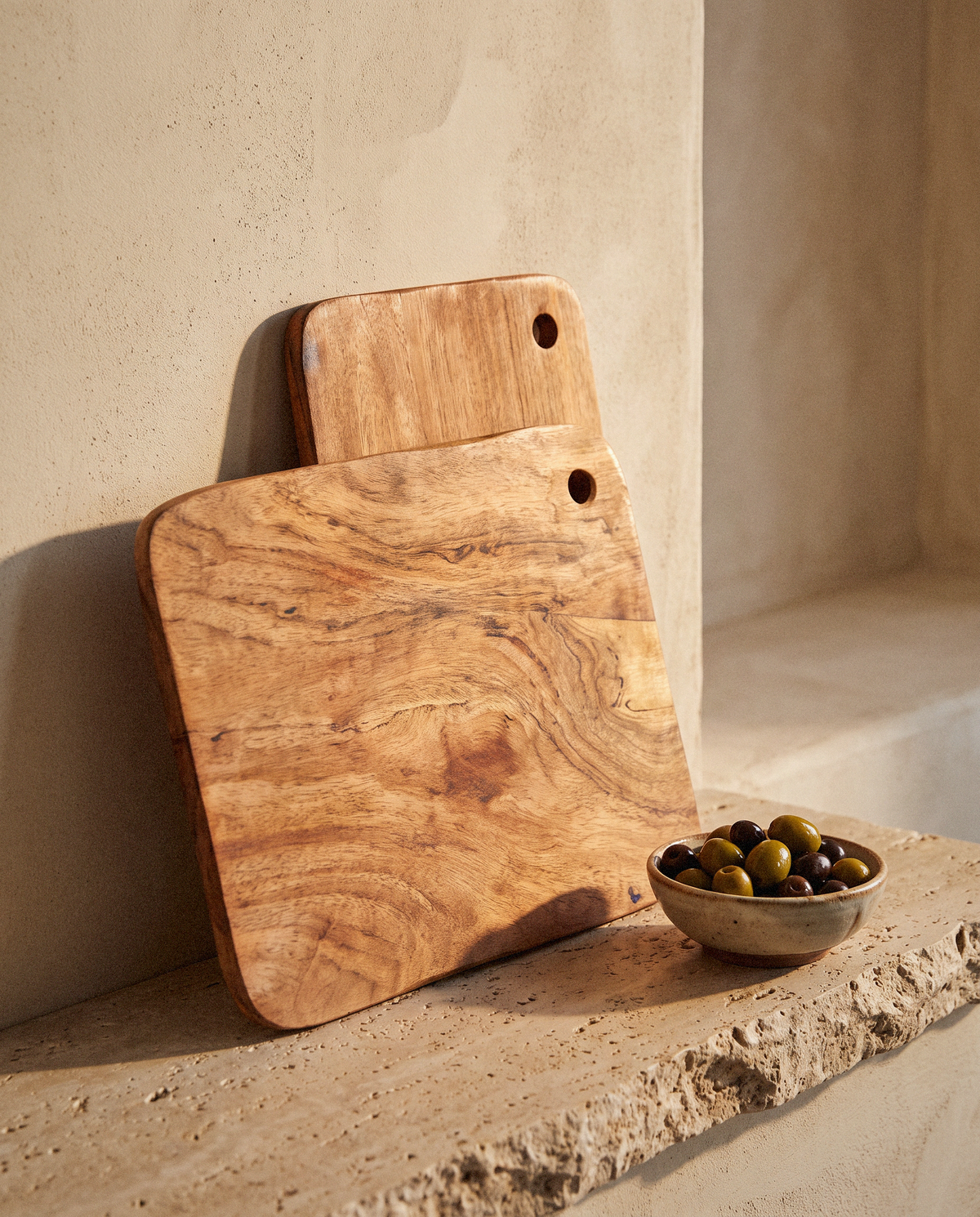 Alto Acacia Cutting Boards, Set of 2 detail in warm natural light