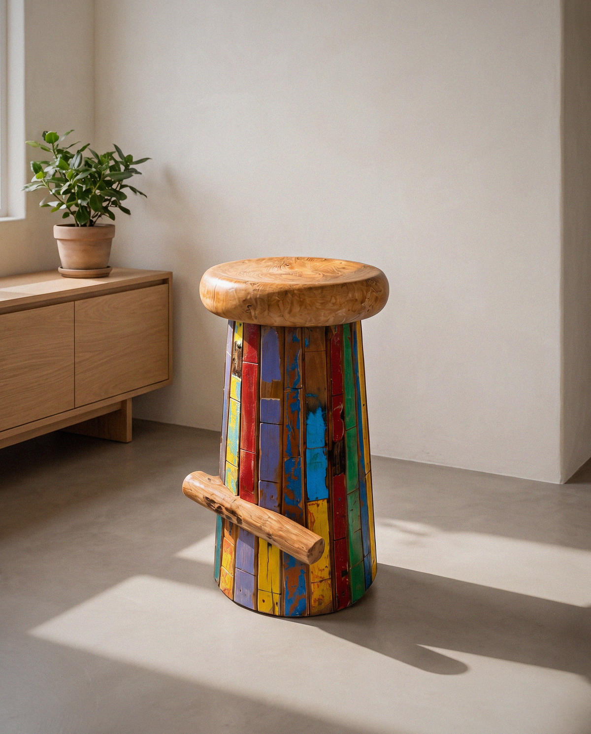 Reclaimed Boat Wood Bar Stool detail in warm natural light