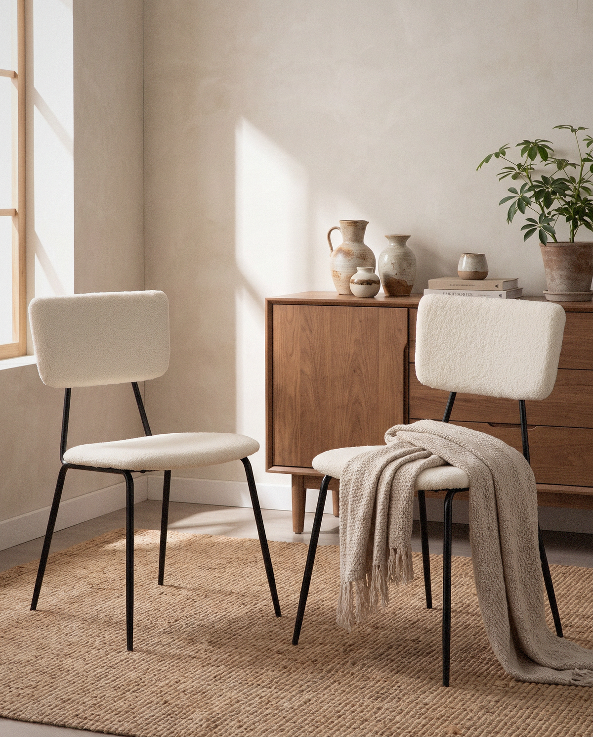 Bacyion Boucle Dining Chairs, Set of 2 detail in warm natural light