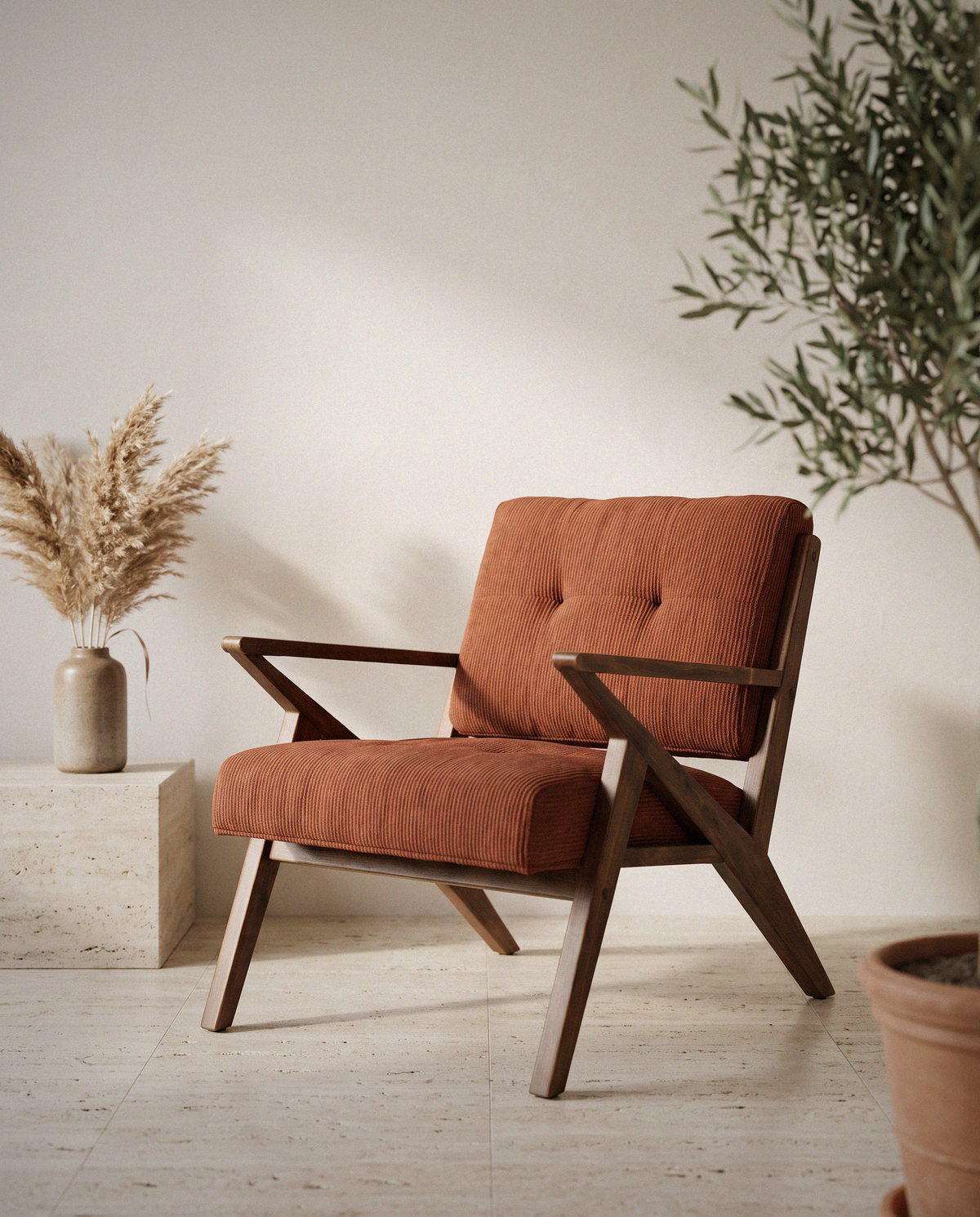 Tufted Upholstered Lounge Chair detail in warm natural light