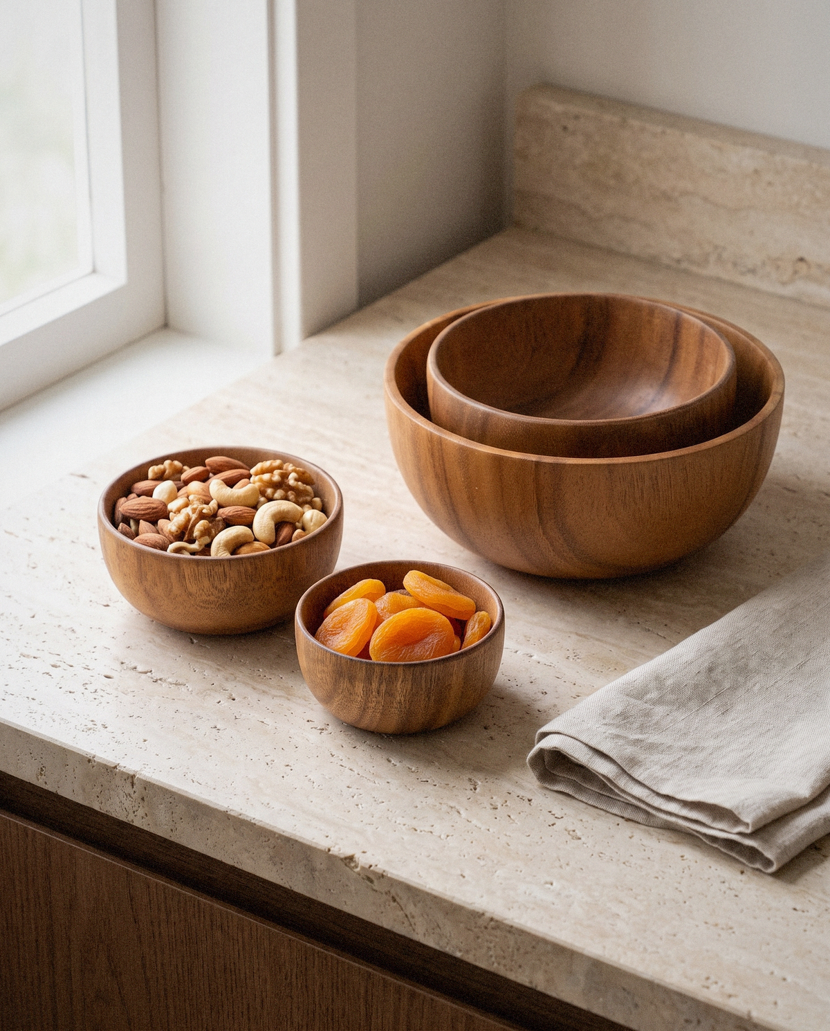Acacia Wood Serving Bowls styled in a calm minimalist living space