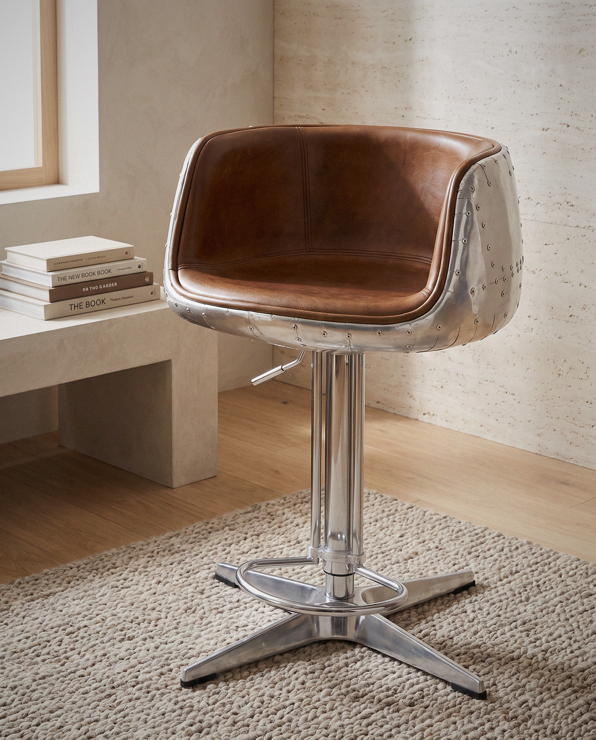 Aviator Leather Bar Stool detail in warm natural light