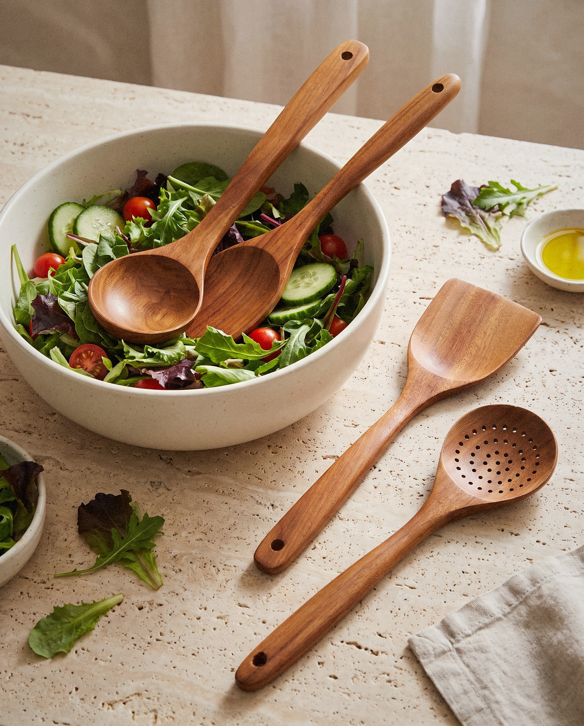 Nosara Teak Utensil Set detail in warm natural light