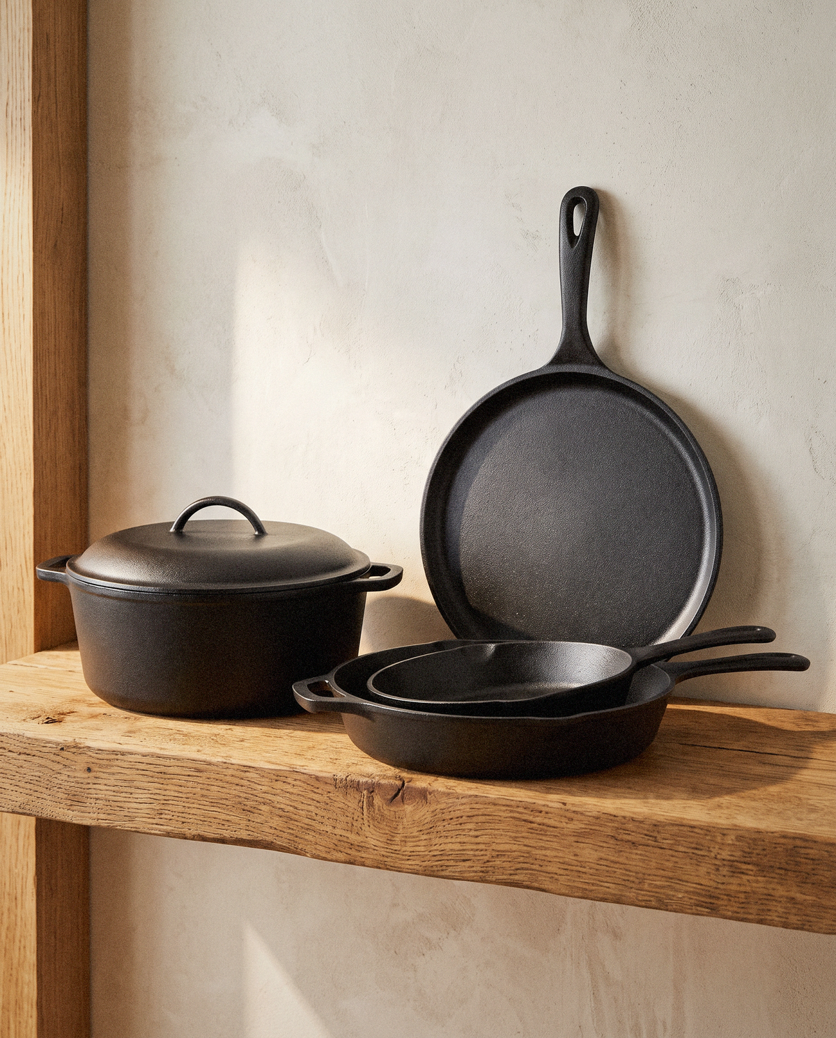 Cast Iron Cookware Set, 5 Piece detail in warm natural light