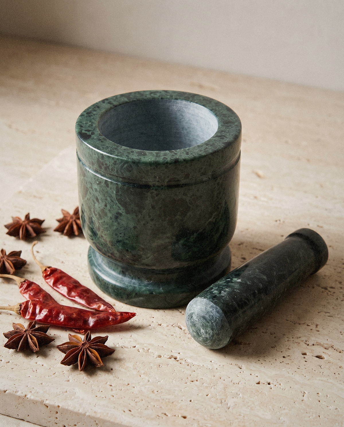 Green Marble Mortar & Pestle styled in a calm minimalist living space