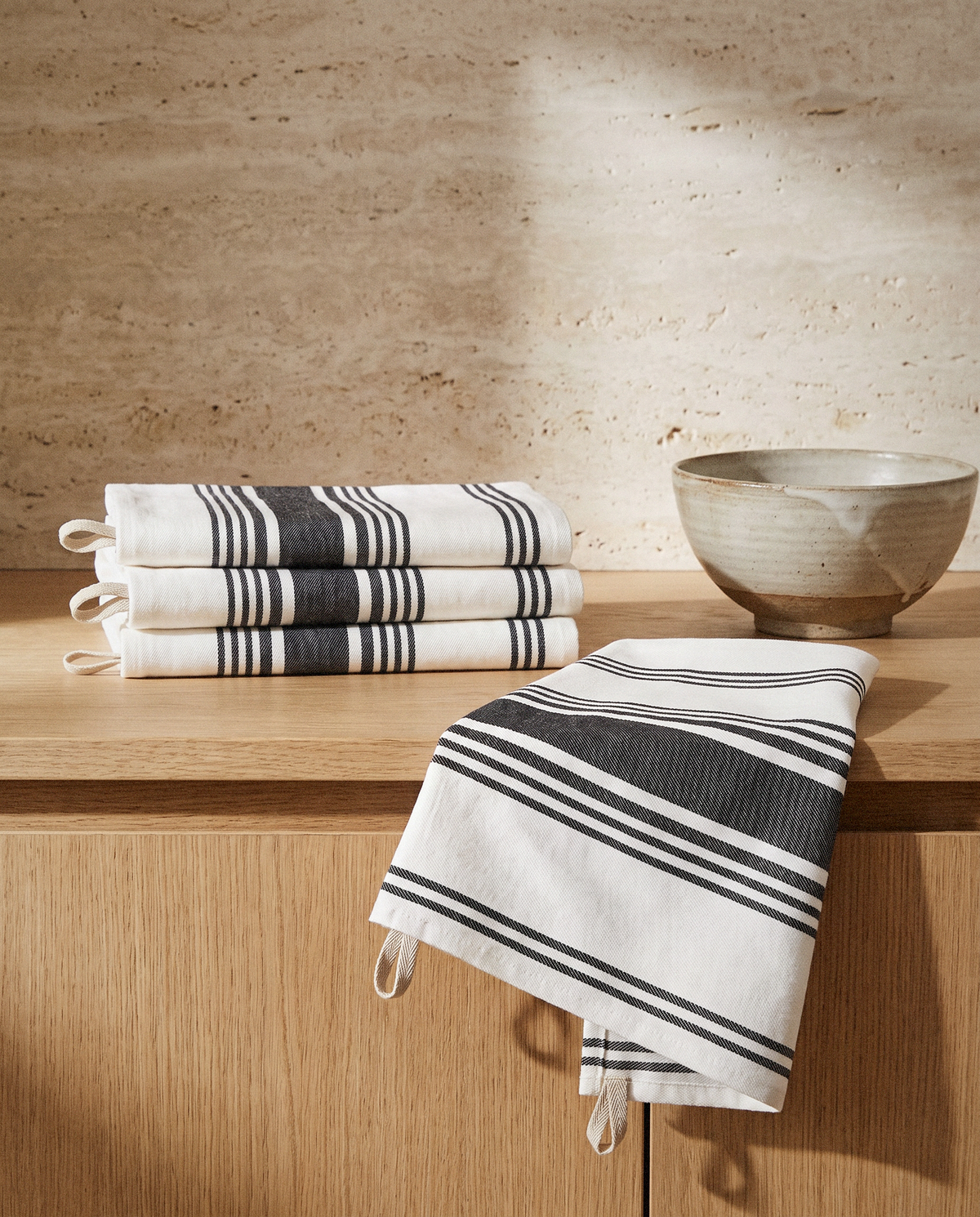 Striped Kitchen Towels detail in warm natural light