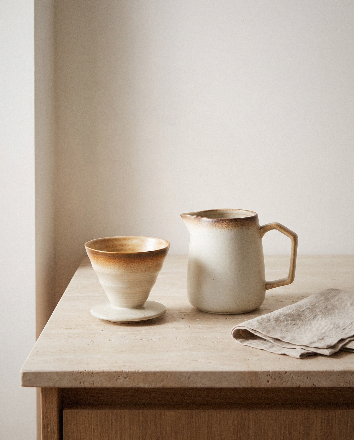 Earthy Stoneware Pour-Over Set detail in warm natural light