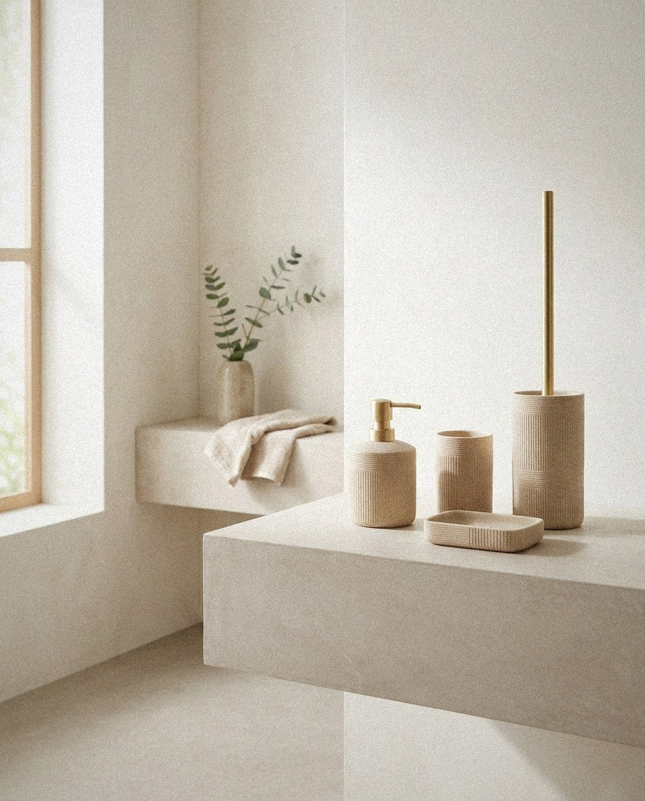 Modern beige ceramic bath accessories in a minimal plaster bathroom with a sparse stem