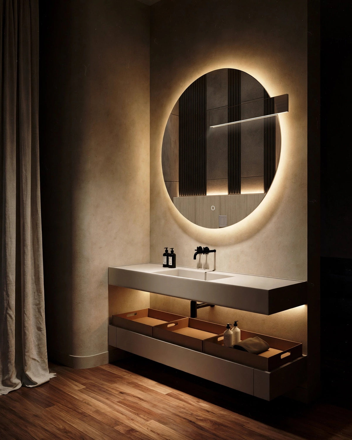 Round LED bathroom mirror in mid-century modern interior, moody chiaroscuro light, editorial still life