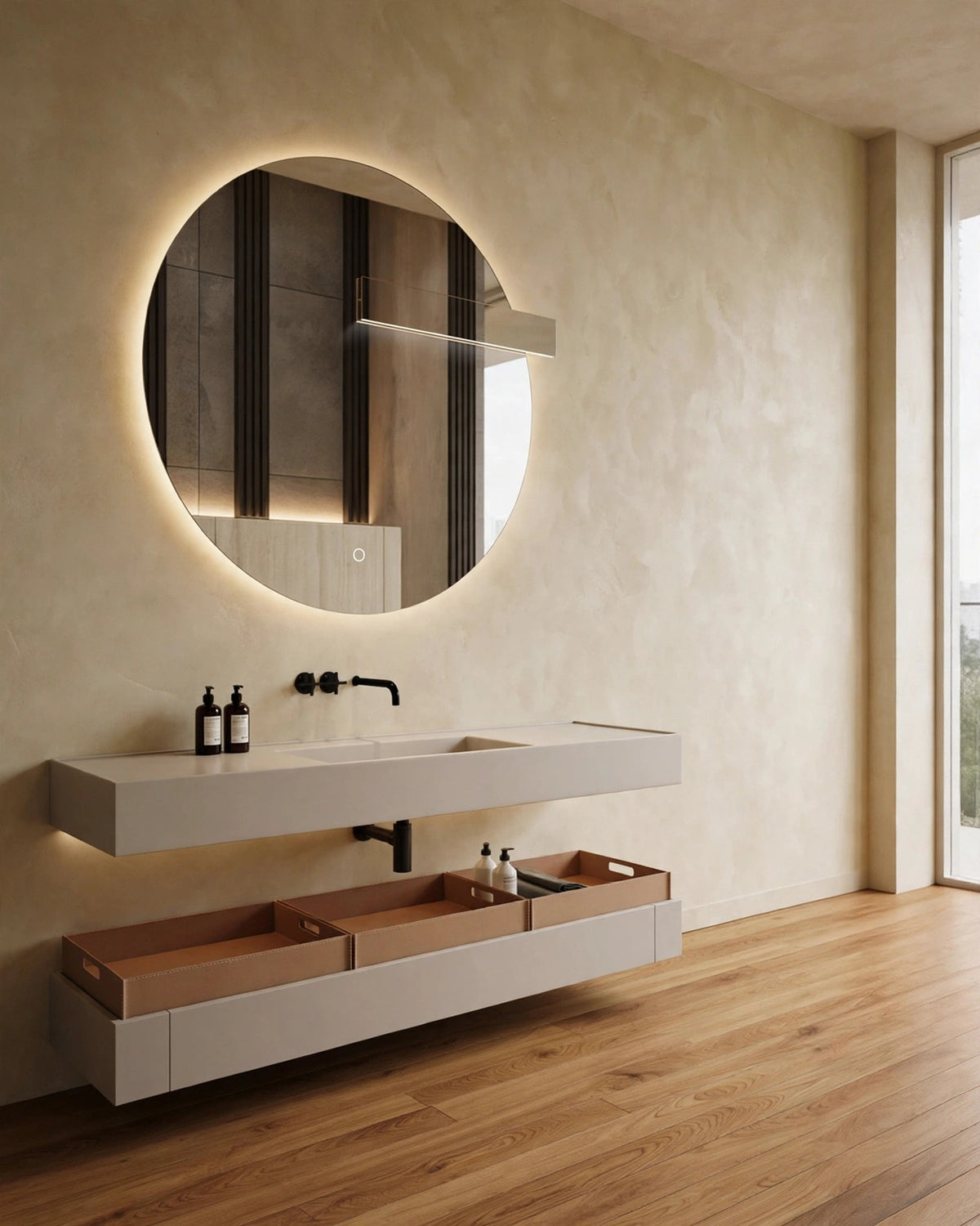 Round LED bathroom mirror in mid-century modern interior, soft daylight, editorial still life