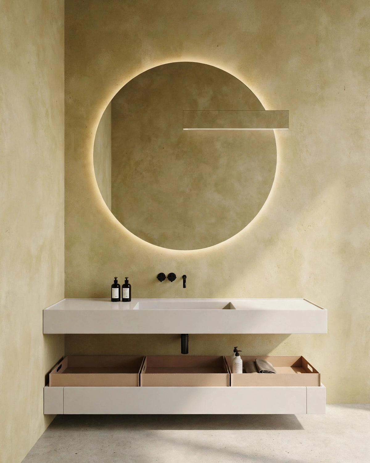 Round LED bathroom mirror in organic modern interior, soft daylight, editorial still life