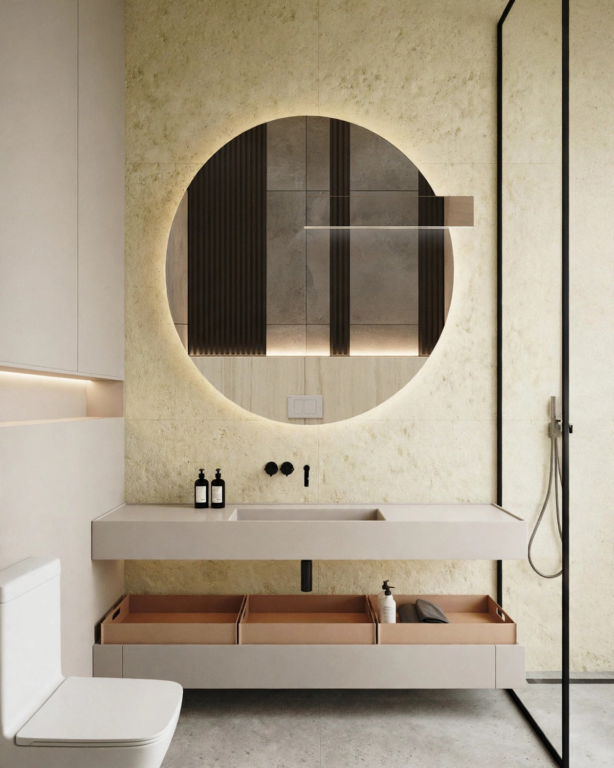 Round LED bathroom mirror in organic modern interior, soft daylight, symmetrical product shot